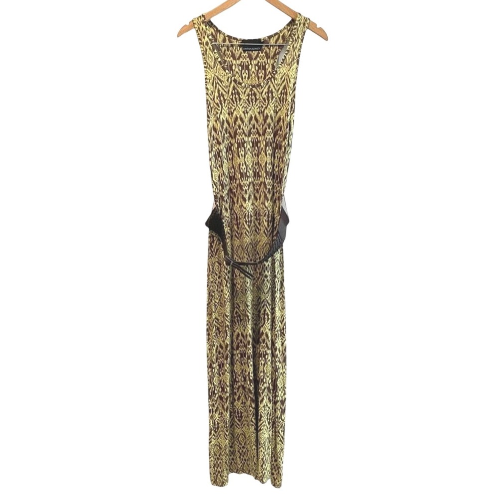 Cynthia Rowley Maxi Dress Brown Yellow Ikat Sleeveless‎ Belted Women Medium